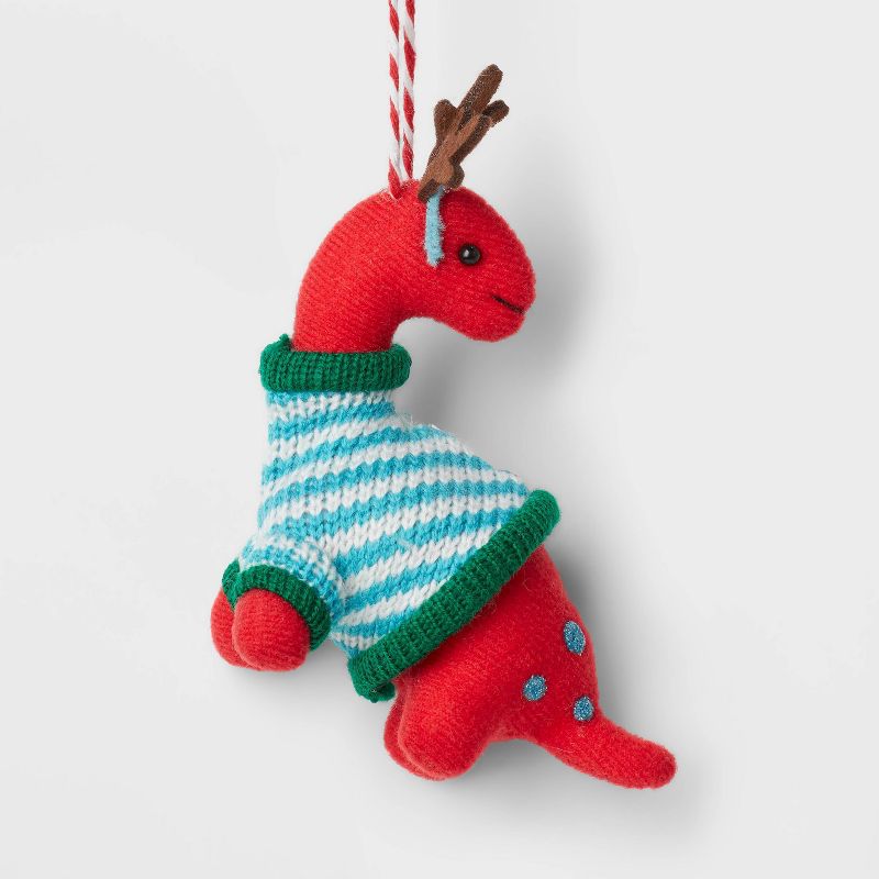 Fabric Brontosaurus with Antlers and Striped Sweater Christmas Tree Ornament Red/Blue - Wondershop&#8482;, 1 of 4
