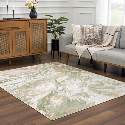 Green and Cream Abstract Polypropylene Area Rug 6'7" x 9'