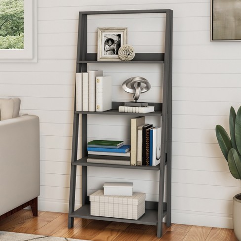 4 Tier White Grey Ladder Shelf Display Unit Free Standing Book