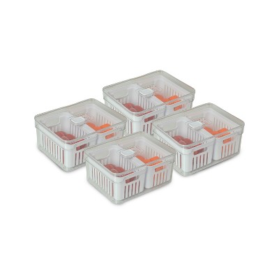 OU Clear Fridge Organizer Set, 4 Pack Stackable Produce Bins with Dual Removable Basket Drainers, BPA Free Fridge Storage for Fruits & Veggies, 74.3oz