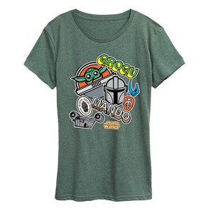 Women's - Star Wars - The Mandalorian Mando Grogu Stickers Short Sleeve Graphic T-Shirt - 1 of 4