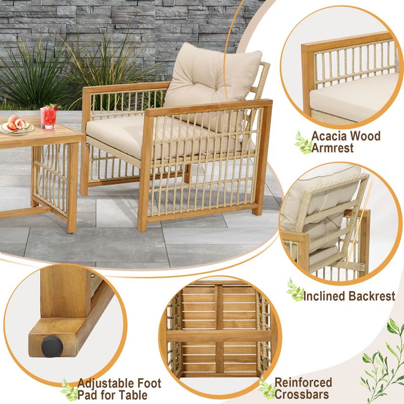 Costway 3PCS Patio PE Wicker Conversation Set Acacia Wood Frame withSeat & Back Cushions, 5 of 9