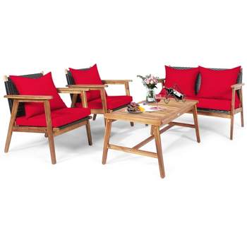 Tangkula 4PCS Patio Rattan Furniture Set Wood Frame Cushioned Sofa with Coffee Table Sectional Conversation Sofa Set for Garden