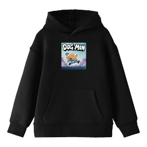 Dog Man Running Across Cityscape Youth Black Long Sleeve Hooded Sweatshirt - 1 of 3