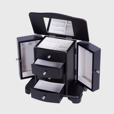 Black Wooden Jewelry Box with Suede Lining and Silver Pulls