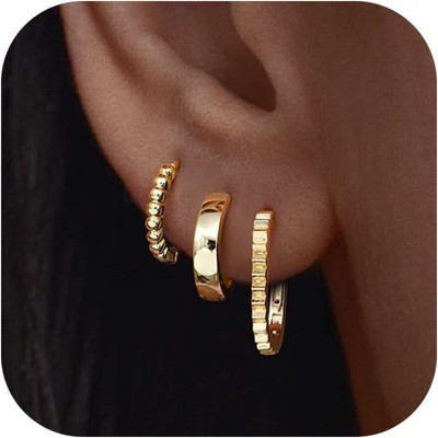 3Pairs 925 Sterling Silver, 14K Gold Plated Small Huggie Hoop Earrings Sets for Multiple Piercing CZ Cartilage Earrings Stacks