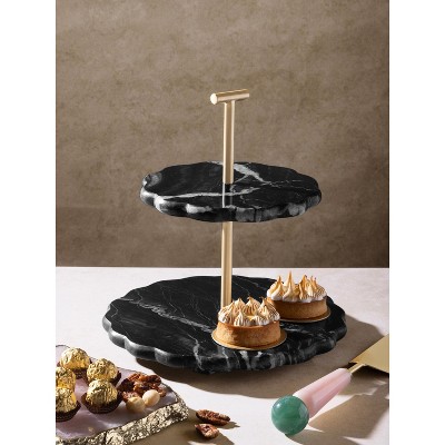 Cosmic Black Marble Two-Tier Cake Stand with Gold Steel Handle
