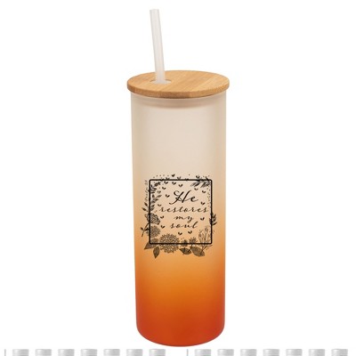 Elanze Designs He Restores My Soul Psalm Floral Frame Wrap-Around Design 25 Ounce Frosted Gradient Glass On-The-Go Coffee Travel Skinny Tumbler Mug