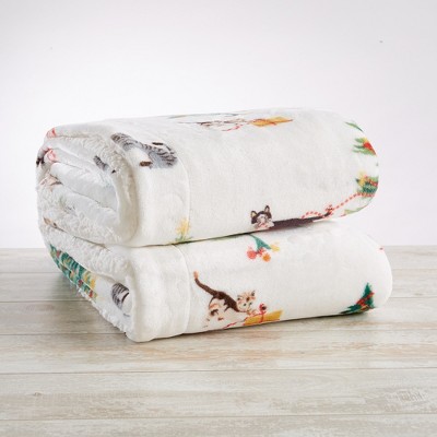 Holiday Cats Reversible Sherpa and Fleece Throw Blanket