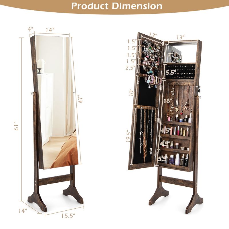 Costway Standing Jewelry Cabinet Armoire Frameless Full Length Mirror Lockable White\Brown, 4 of 10