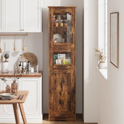 67¡± Tall Narrow Bathroom Storage Cabinet, Slim Freestanding Linen Cabinet with Glass Doors, Drawer & Adjustable Shelf