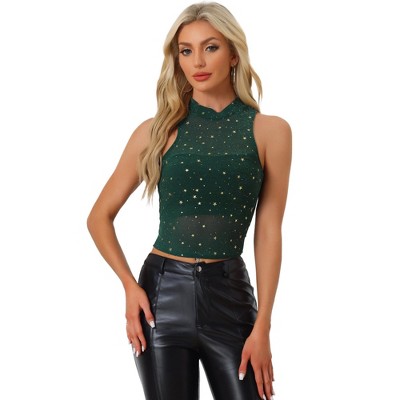 Allegra K Women's Metallic Star Mesh Mock Neck See-through Crop