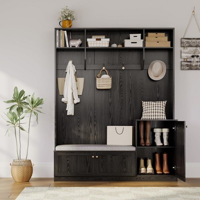 79 in Hall Tree 5-in-1 Modern Entryway Bench with Coat Rack & Storage, Hall Tree with 4 Hanging Hooks