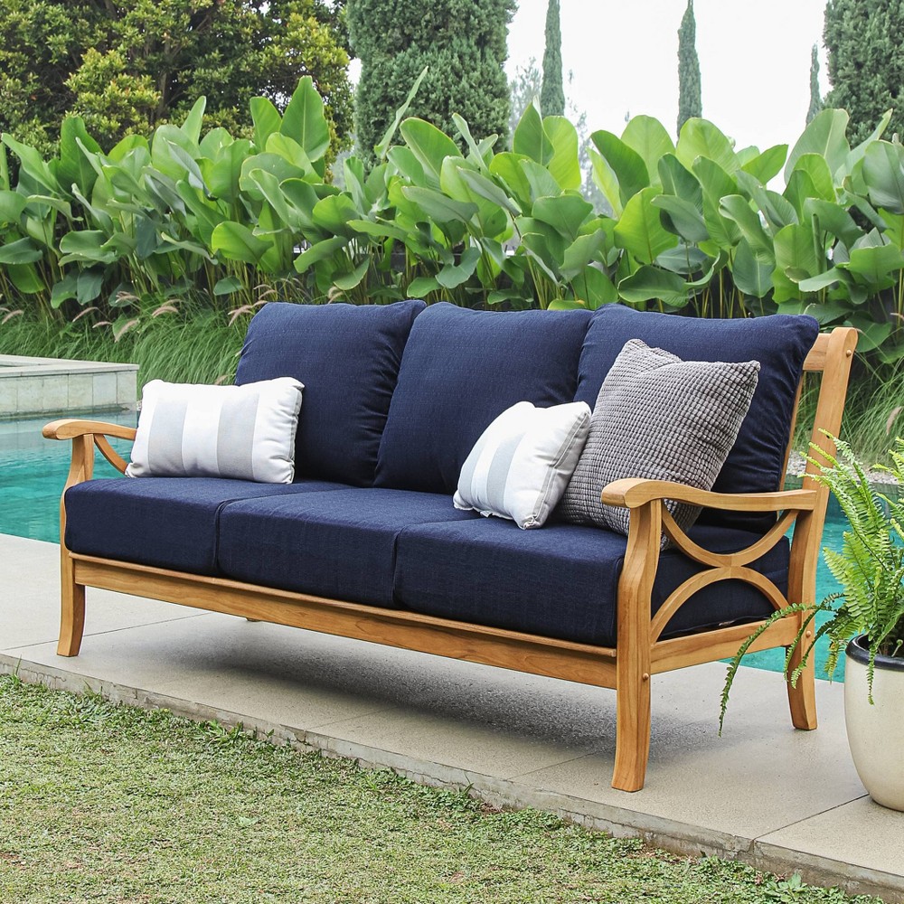 Sonoma Lane Alamo Teak Outdoor Sofa with Navy Zippered Cushions - Weather-Resistant, 3-Seater