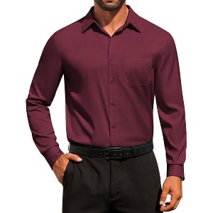 mens red button up dress shirt Men's Basic Solid Color (Red) / Large/16-16.5 Neck/34-35 Sleeve Left side open chest pocket with Cinch logo embroidery Button Down Shirt | Red