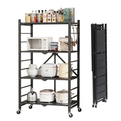 SKONYON 4-Tier Storage Shelves, Foldable Metal Shelving Units for Garage Kitchen Bakers, Collapsible Organizer Rack, Heavy Duty on Wheels