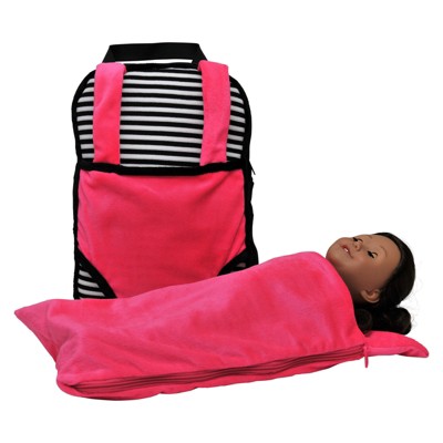 Pink and Black Plush Doll Carrier Backpack with Sleeping Bag