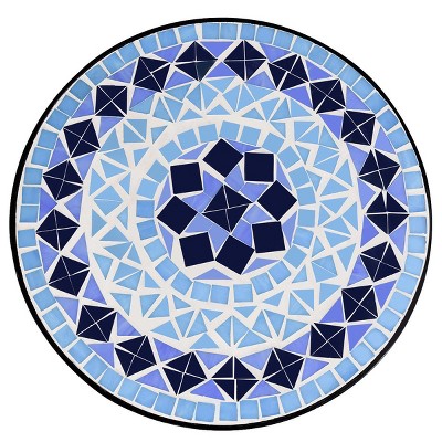 Blue Mosaic Round Glass Top Steel Accent Table