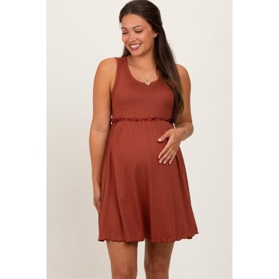 PinkBlush Rust Ribbed Sleeveless Lettuce Trim Maternity Mini Dress