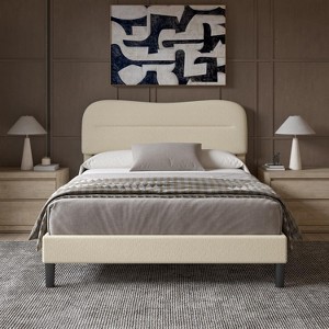 Full Size Bed Frames with Headboard Upholstered Bed Frame Teddy Soft Boucle Fabric bedframes Soft Cloud Marshmallow Shape Upholstered Headboard - 1 of 4