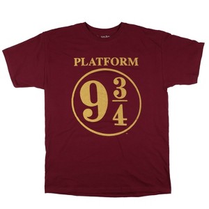 Seven Times Six Harry Potter Shirt Men’s Platform 9 3/4 Gold Logo Graphic Print Crewneck Tee Maroon - 1 of 3