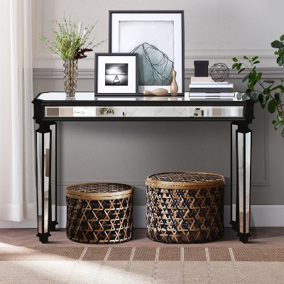 VYNXARIA Black Mirror Console Table - Vintage Wood Grain with Elegant Carving