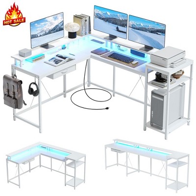 Whizmax L Shaped Gaming Desk,68" Computer Desk with Power Outlets&LED Lights,Home Office Desk with File Drawer,Corner Desk with Monitor Shelf and Hook