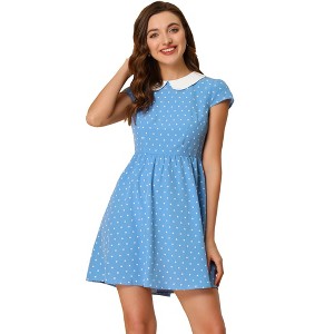 INSPIRE CHIC Women's Peter Pan Collar Short Sleeves Contrast A-Line Polka Dots Dress - 1 of 4