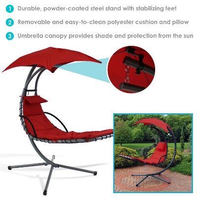 Red Steel Outdoor Hanging Chaise Lounge Chair with Canopy