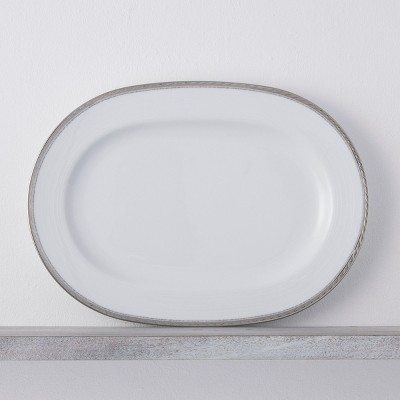 White Ceramic Oval Serving Platter with Platinum Trim
