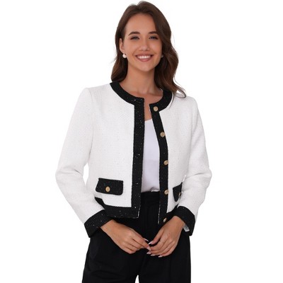 INSPIRE CHIC Women's Tweed Contrast Color Collarless Sequins Work Office Short Jackets
