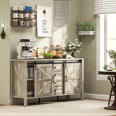 HOMCOM 59 Inch Farmhouse Sideboard Buffet Cabinet with Thick Top, Coffee Bar Cabinet with Sliding Barn Doors, Drawers, Adjustable Shelves, Gray Wash