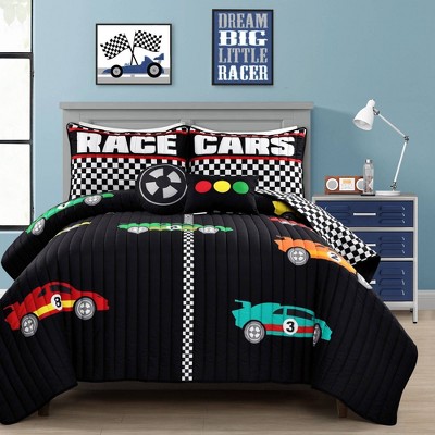 5pc Full queen Kids Racing Cars Reversible Oversized Quilt Bedding Set Black Lush Decor Boys Race Car Bedding Target