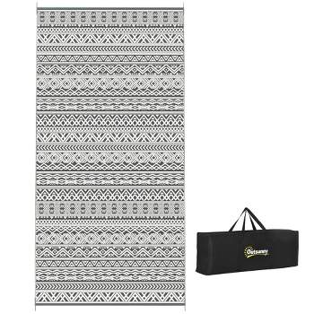 Outsunny RV Mat, Outdoor Patio Rug / Large Camping Carpet with Carrying Bag, 9' x 18', Waterproof Plastic Straw, Reversible, Gray & Cream White Boho