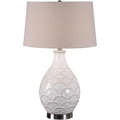 Uttermost Modern Coastal Table Lamp 27" Tall Distressed Gloss White Ceramic Oatmeal Linen Drum Shade for Living Room Bedroom House