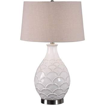 Uttermost Modern Coastal Table Lamp 27" Tall Distressed Gloss White Ceramic Oatmeal Linen Drum Shade for Living Room Bedroom House