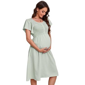Coolmee Women Maternity Smocked Button Dress Summer Ruffle Short Sleeve Square Neck Casual Flowy Midi Dress Photoshoot Baby Shower Green XXL - 1 of 4