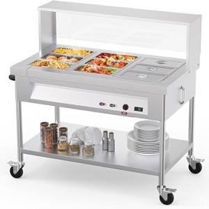 72QT Commercial Food Warmer, 9x8QT Electric Steam Table, 9-Pans with Acrylic Shield, Stainless Steel Countertop with Lockable Wheels, 1500W, 110V - 1 of 4