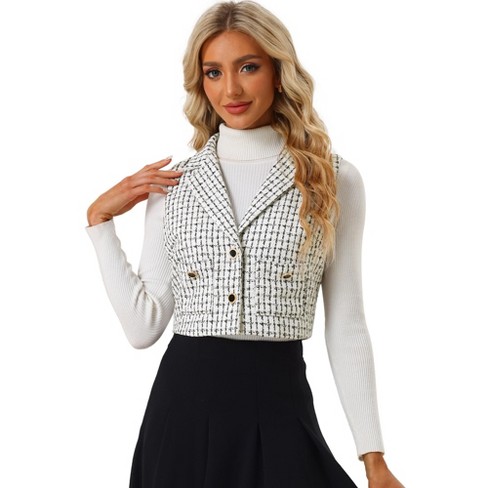 Allegra K Women's Tweed Notched Lapel Vintage Plaid Crop Sleeveless  Waistcoat Vest White Medium