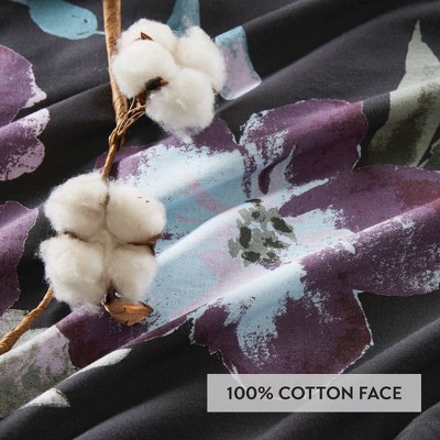 Dark Gray and Plum Floral Cotton Full Comforter Set