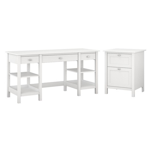 Bush Furniture Broadview 60w Desk W Storage Shelves And 2 Drawer File Cabinet White Bd011wh Target