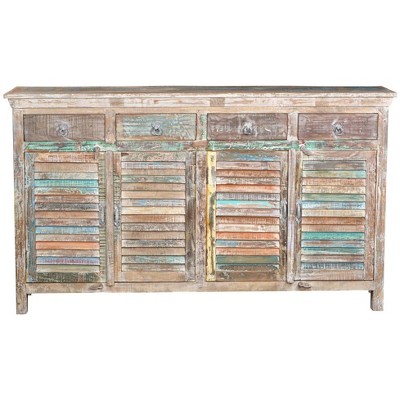 HomeRoots 72" Natural And Rainbow Reclaimed Wood Shutter Style Sideboard with Four Doors