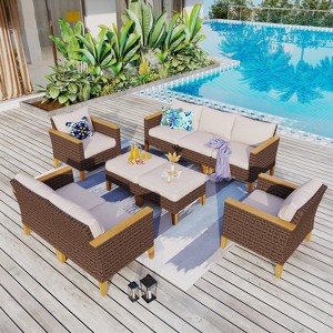 Captiva Designs 9pc Wicker Outdoor Patio Rattan Sectional Conversation Set with Cushioned Ottoman - 1 of 4