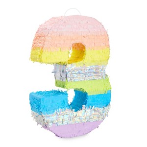 Blue Panda Large Number 3 Pinata for Kids 3rd Birthday Party Decorations, Rainbow Pastel, 21 x 14.5 In - 1 of 4