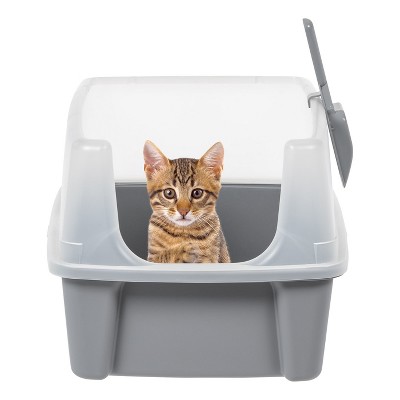 Gray Plastic Enclosed Cat Litter Box with Scoop