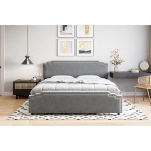 COZONY Velvet Upholstered Platform Bed, Rivet Decor Headboard Tailboard Metal Frame No Box Spring - 1 of 4