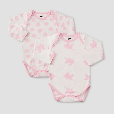 Layette by Monica + Andy Baby Girls' 2pk Unicorn and Heart Print Long Sleeve Bodysuit - Pink Newborn
