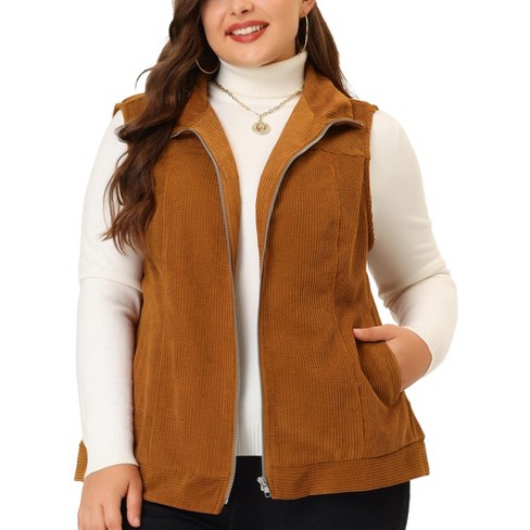 Agnes Orinda Women's Plus Size Corduroy Zipper Side Pocket Casual  Sleeveless Fleece Vests Caramel 3X