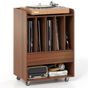 Costway Record Player Stand with Drawer & Record Holder,Lockable Wheels for Living Room Brown/Walnut - 1 of 4