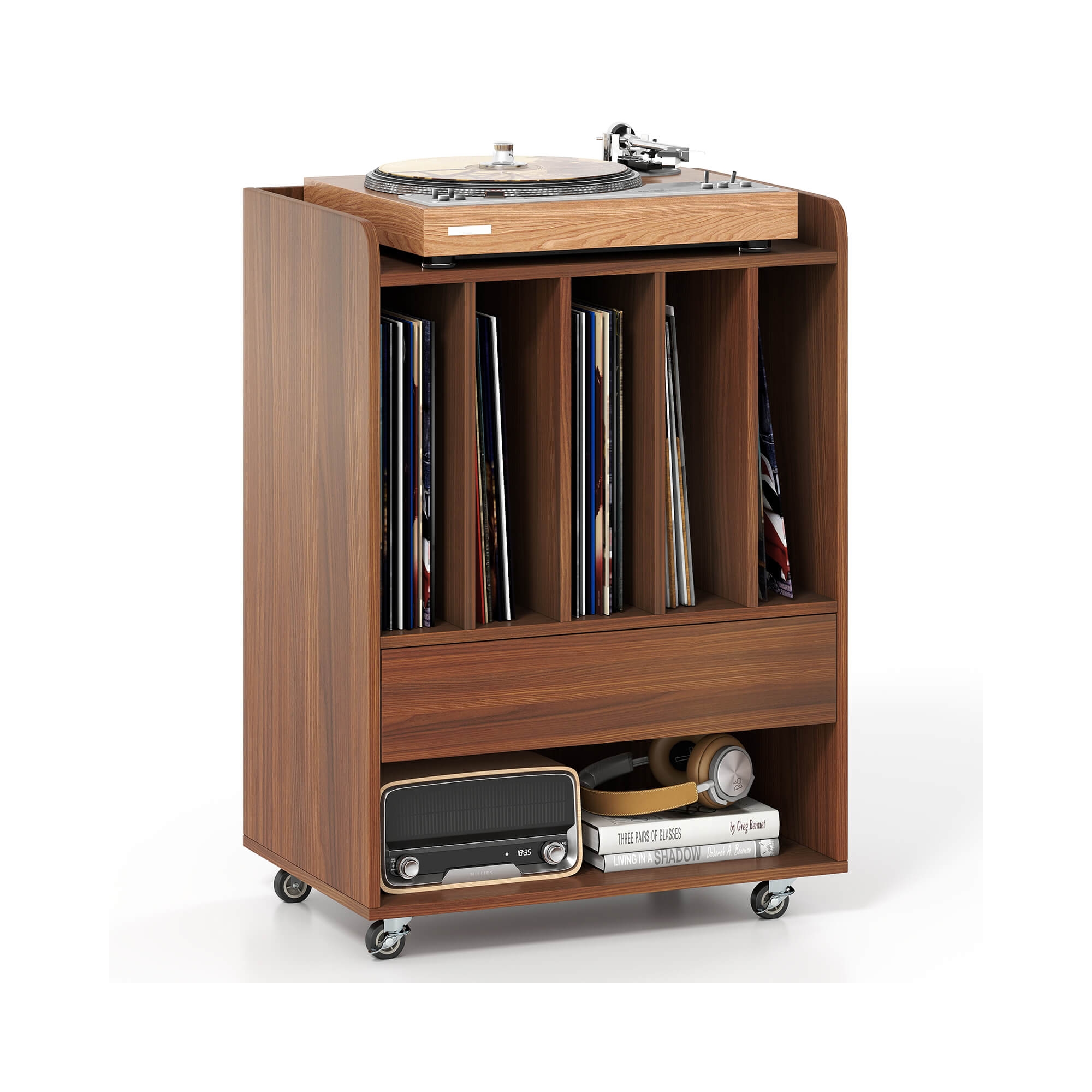 Costway Record Player Stand with Drawer & Record Holder,Lockable Wheels for Living Room Walnut